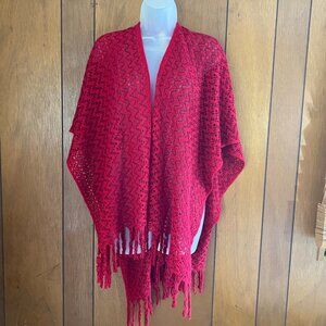 Just Be Shaw Wrap Womens One Size Red Chevron Fringe Layering Knit‎ Boho Hippie